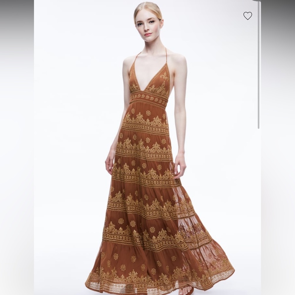 Alice and Olivia Karolina embroidered halter maxi dress